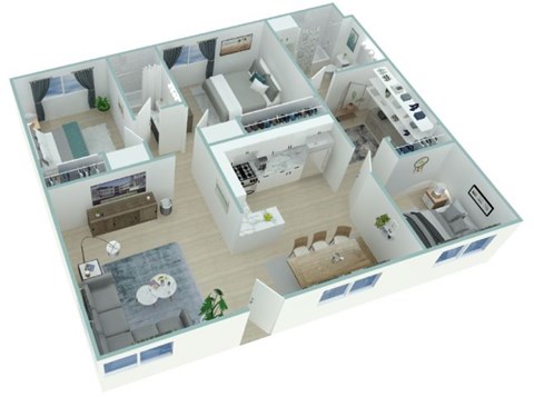 A 3D floor plan of a house with a living room, kitchen, and bedrooms.